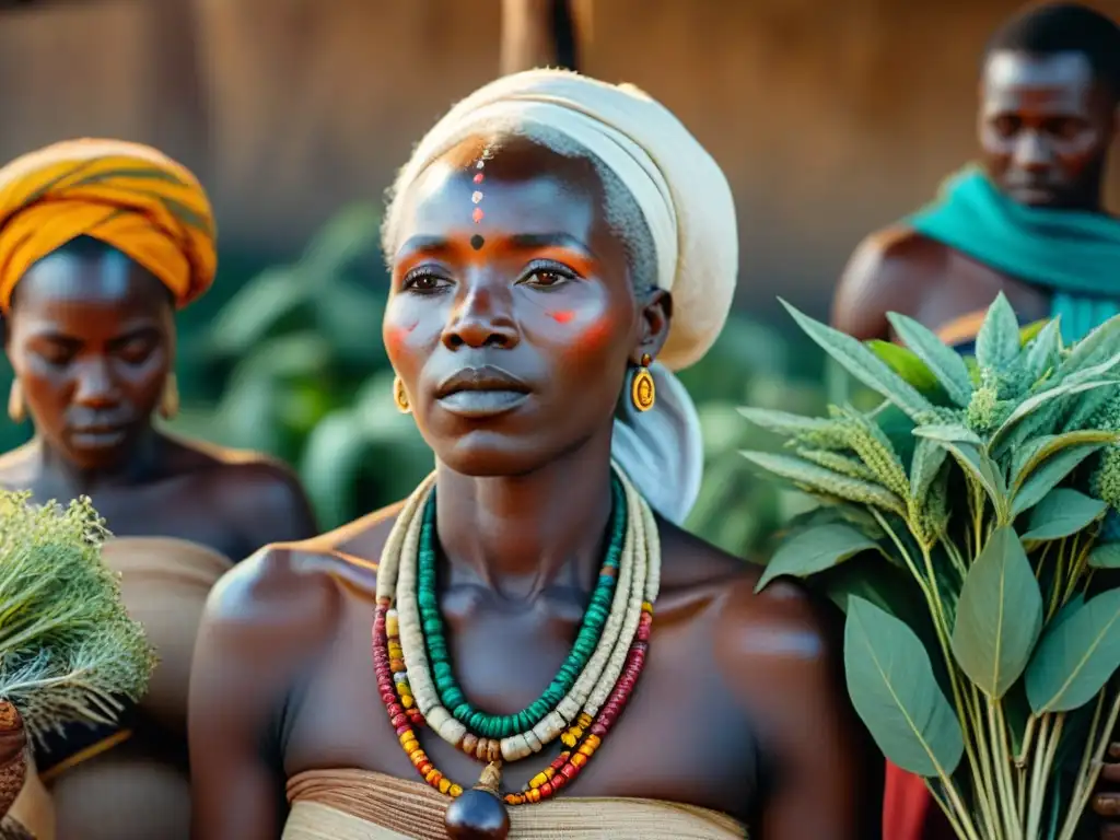 Curandera africana con hierbas y tribus en mercado vibrante: Medicina tradicional africana influencia global