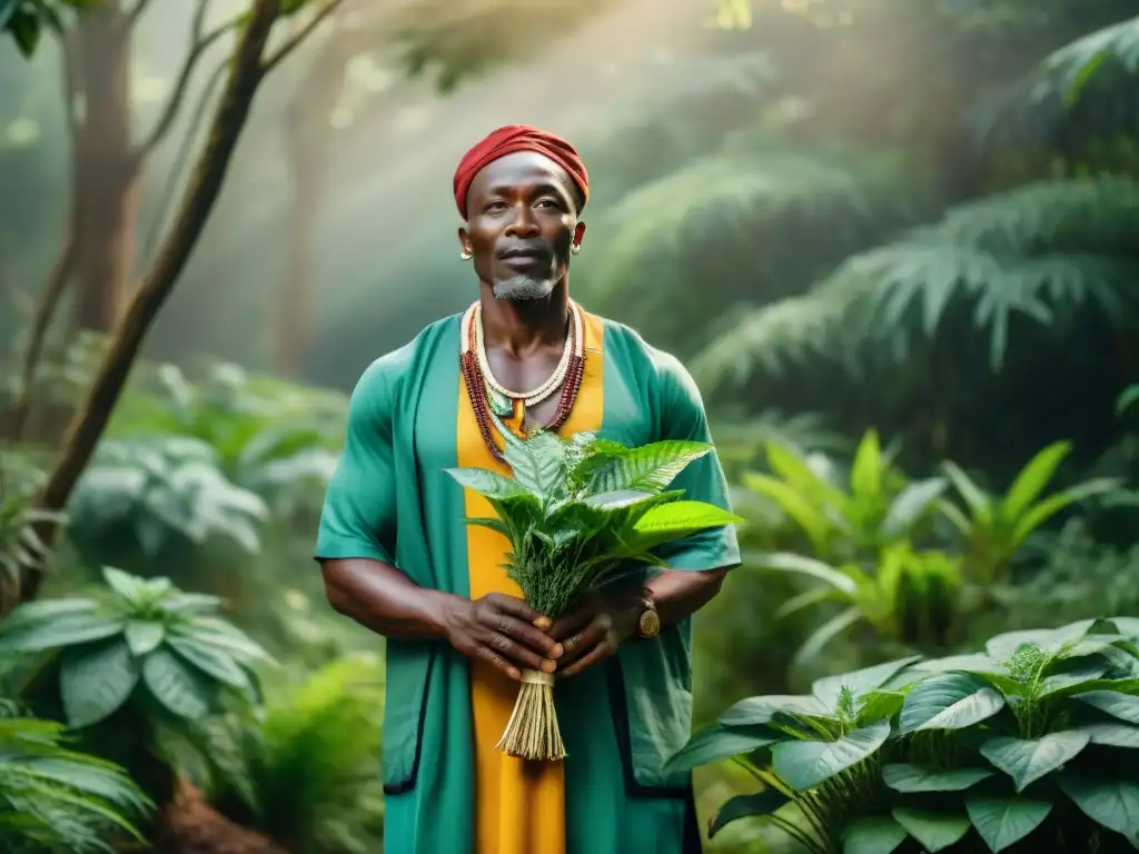 Un curandero africano en un bosque verde con plantas curativas, viste trajes tradicionales coloridos