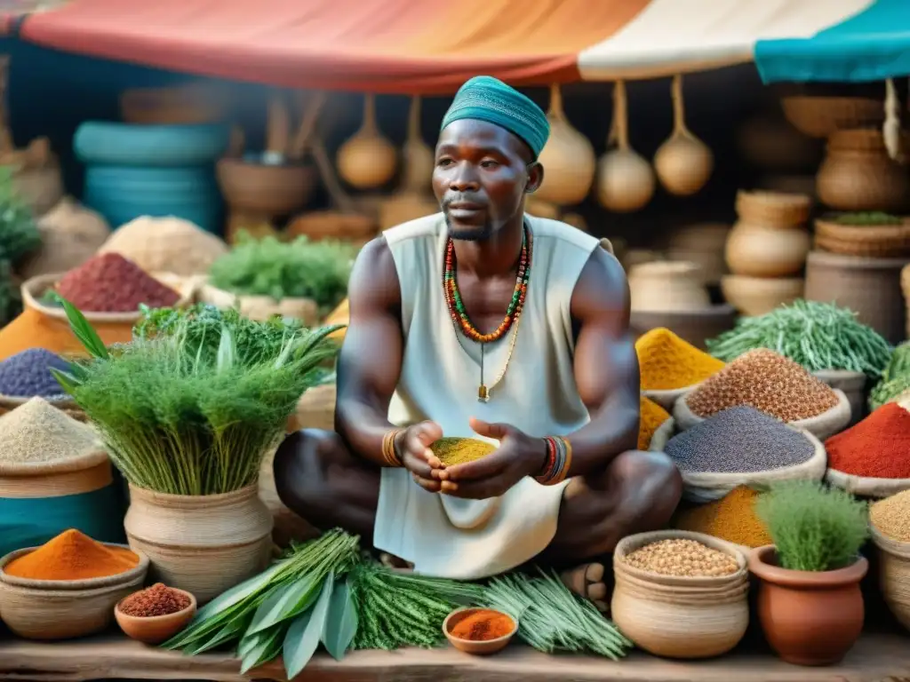 Un curandero africano en un bullicioso mercado elige hierbas medicinales en una escena detallada