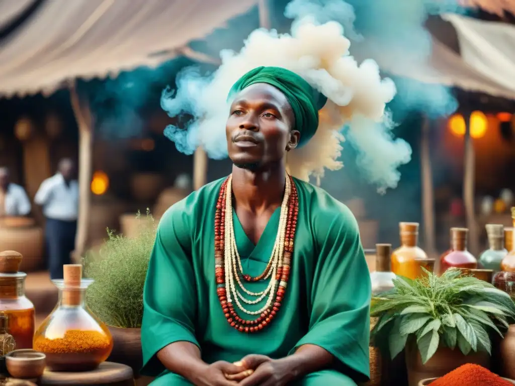 Un curandero africano en un bullicioso mercado, rodeado de hierbas y pociones coloridas, realizando un ritual de sanación