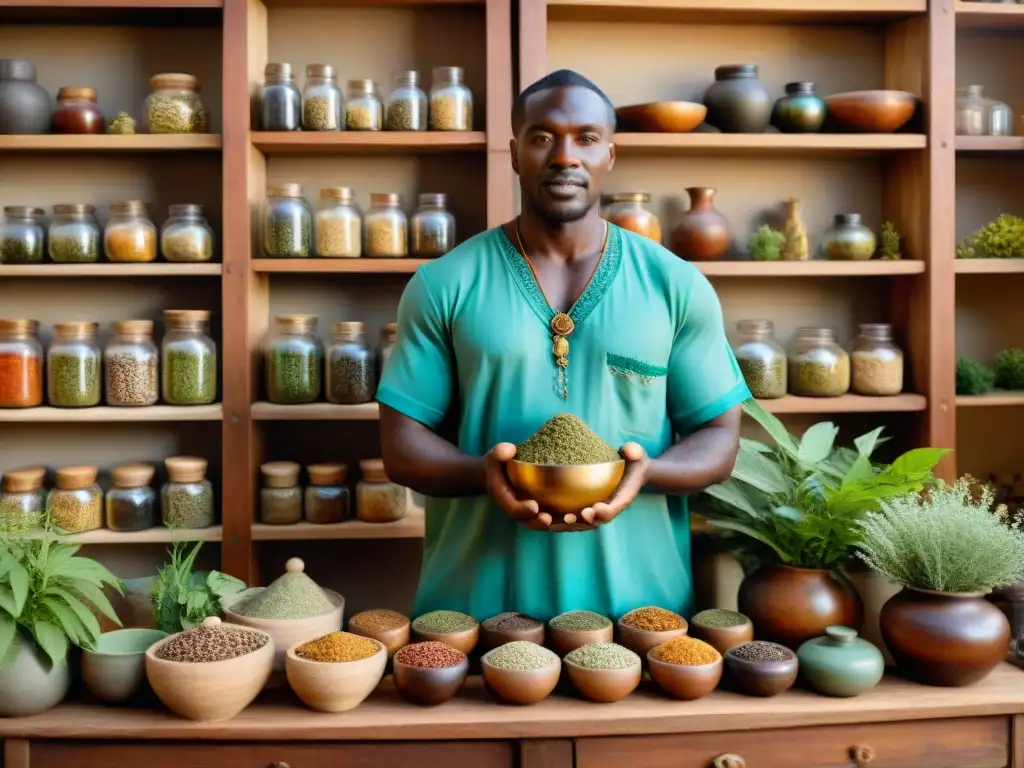 Un curandero africano prepara fitoterapia africana para enfermedades crónicas, rodeado de hierbas y plantas