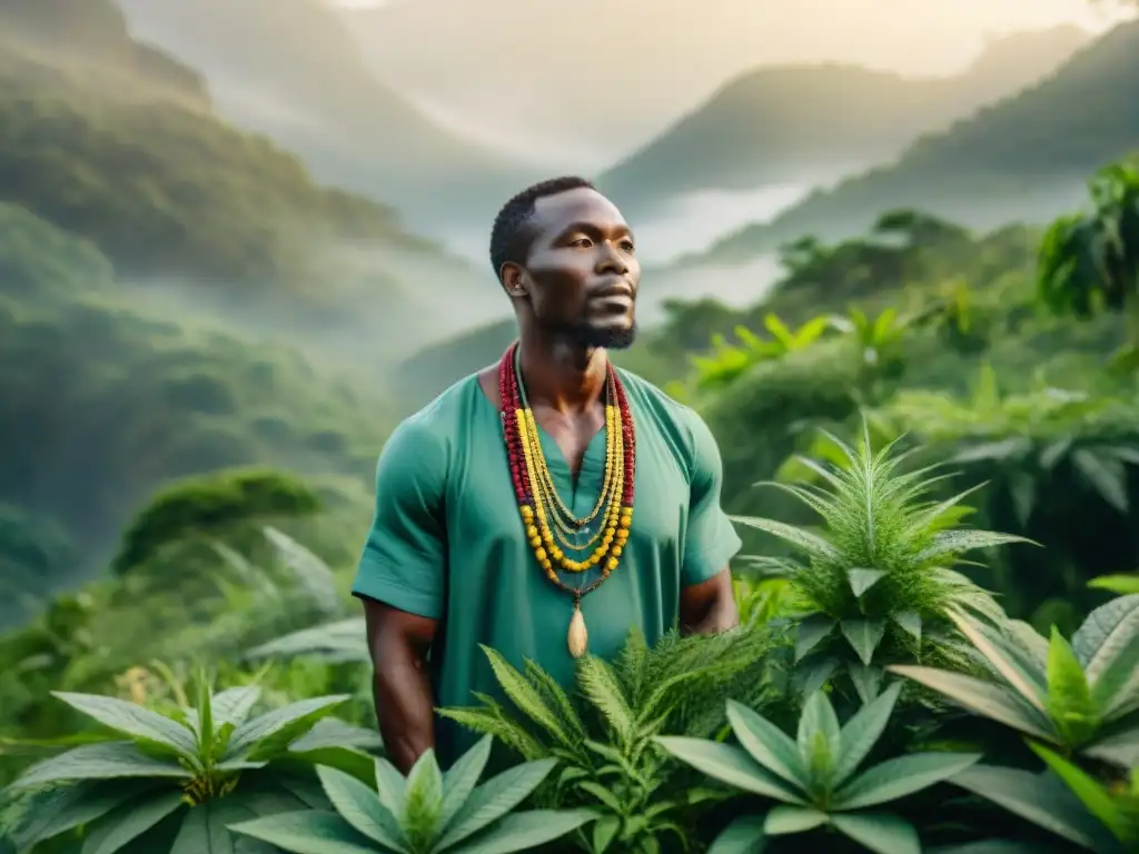 Un curandero africano recolecta hierbas en un bosque verde, conectando con la fitoterapia africana para enfermedades crónicas