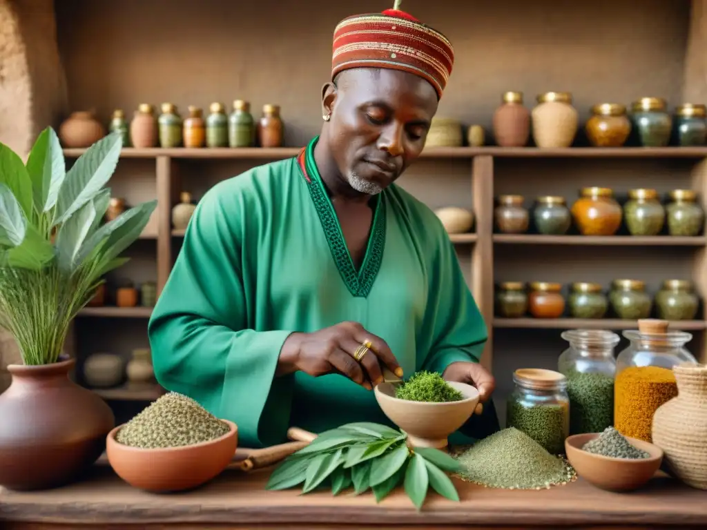 Un curandero africano prepara medicina con plantas, mostrando la rica biodiversidad y la sabiduría ancestral