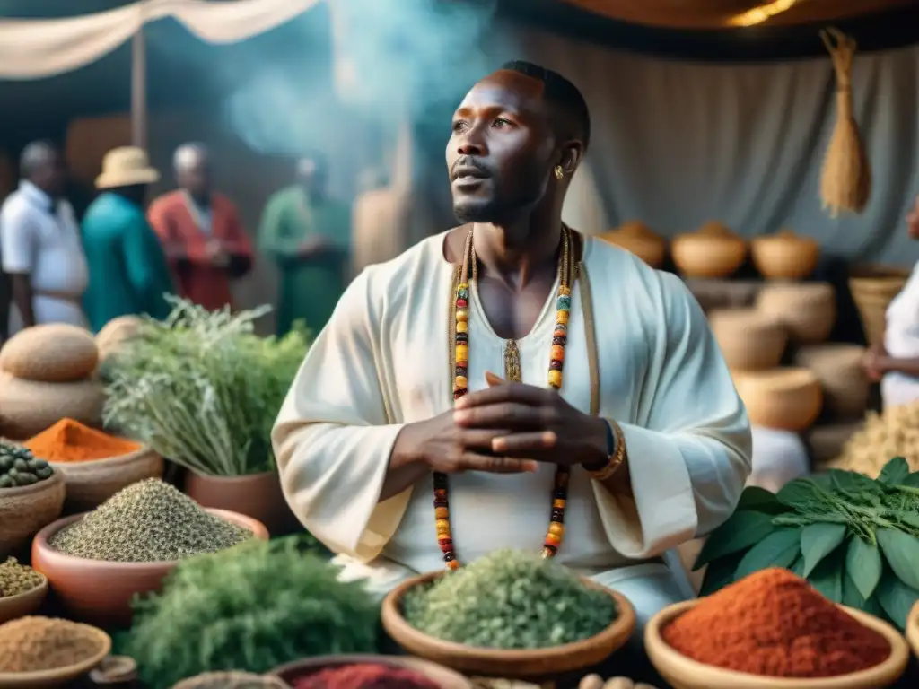 Un curandero africano en un mercado vibrante con hierbas y medicina tradicional africana siglo XXI intercambiando con médicos occidentales