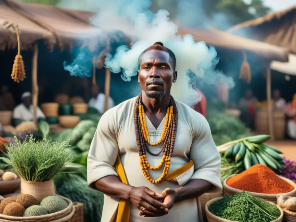 Un curandero africano en un mercado vibrante, rodeado de hierbas y plantas coloridas