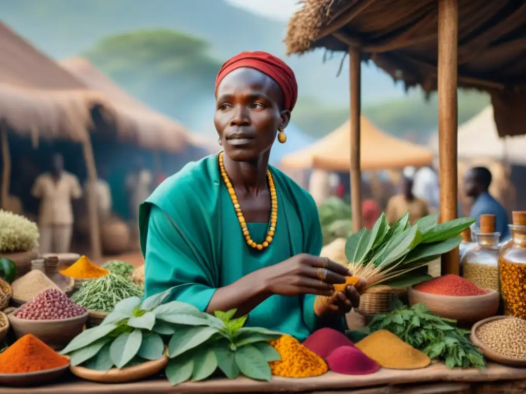 Un curandero africano selecciona plantas curativas en un mercado vibrante