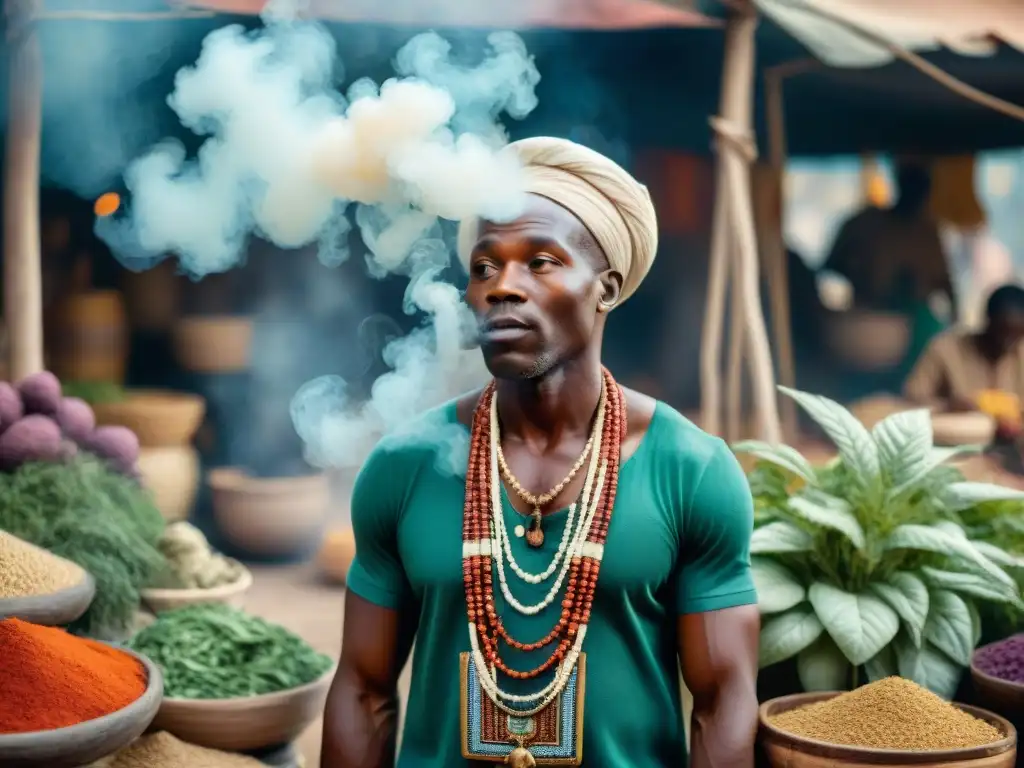 Un curandero africano realiza un ritual en un bullicioso mercado, rodeado de hierbas y raíces coloridas