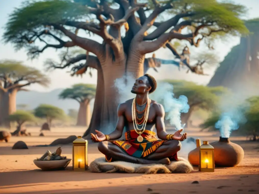 Un curandero africano realiza un ritual espiritual bajo un Baobab, rodeado de naturaleza y artefactos tradicionales