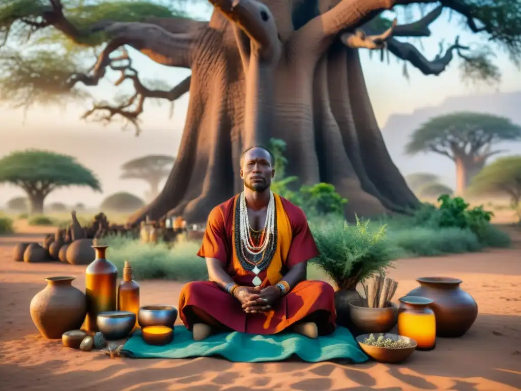 Un curandero africano realiza un ritual sanador bajo un baobab al atardecer