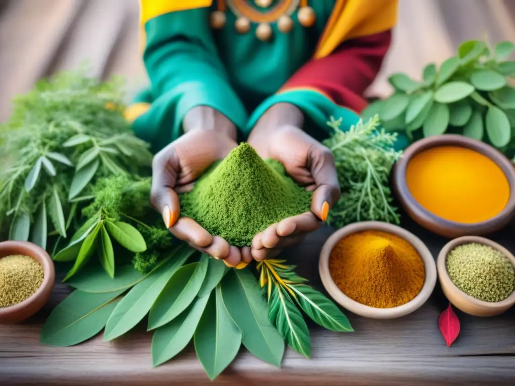 Curandero africano rodeado de hierbas medicinales en una mesa de madera, detalladas y coloridas