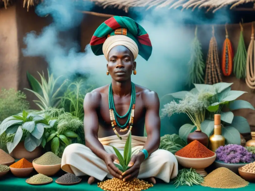 Un curandero africano tradicional consultando a un paciente en un mercado vibrante, rodeado de hierbas y raíces coloridas