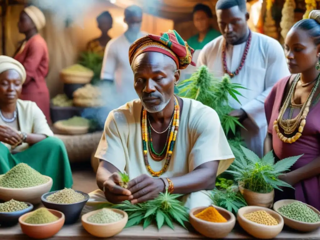 Un curandero africano tradicional preparando remedios herbales en un mercado vibrante, destacando los usos medicinales del cannabis en África