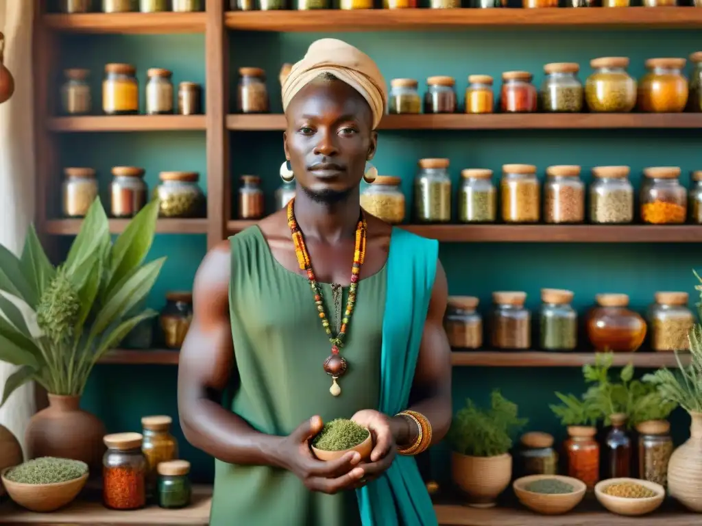 Un curandero africano tradicional rodeado de plantas medicinales, en un ambiente cálido y acogedor