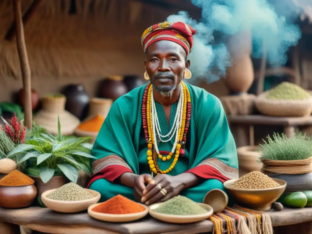 Un curandero africano consultando en un vibrante mercado, rodeado de plantas y hierbas