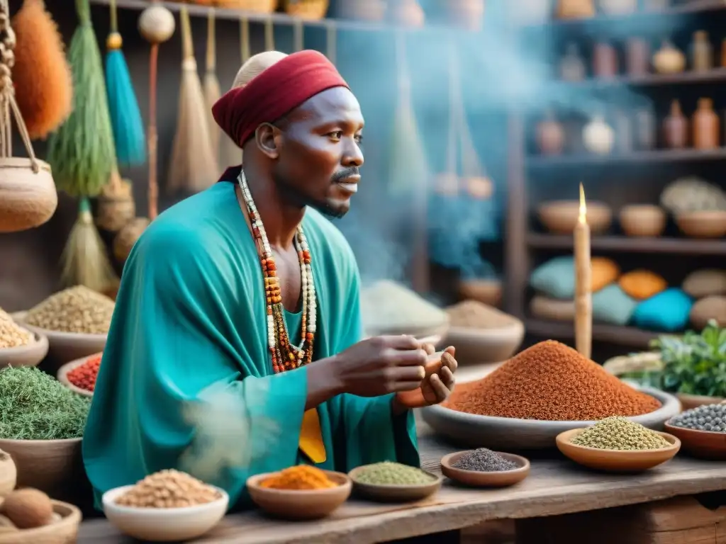 Un curandero africano en un vibrante mercado, realizando una ceremonia de sanación con medicina espiritual en África