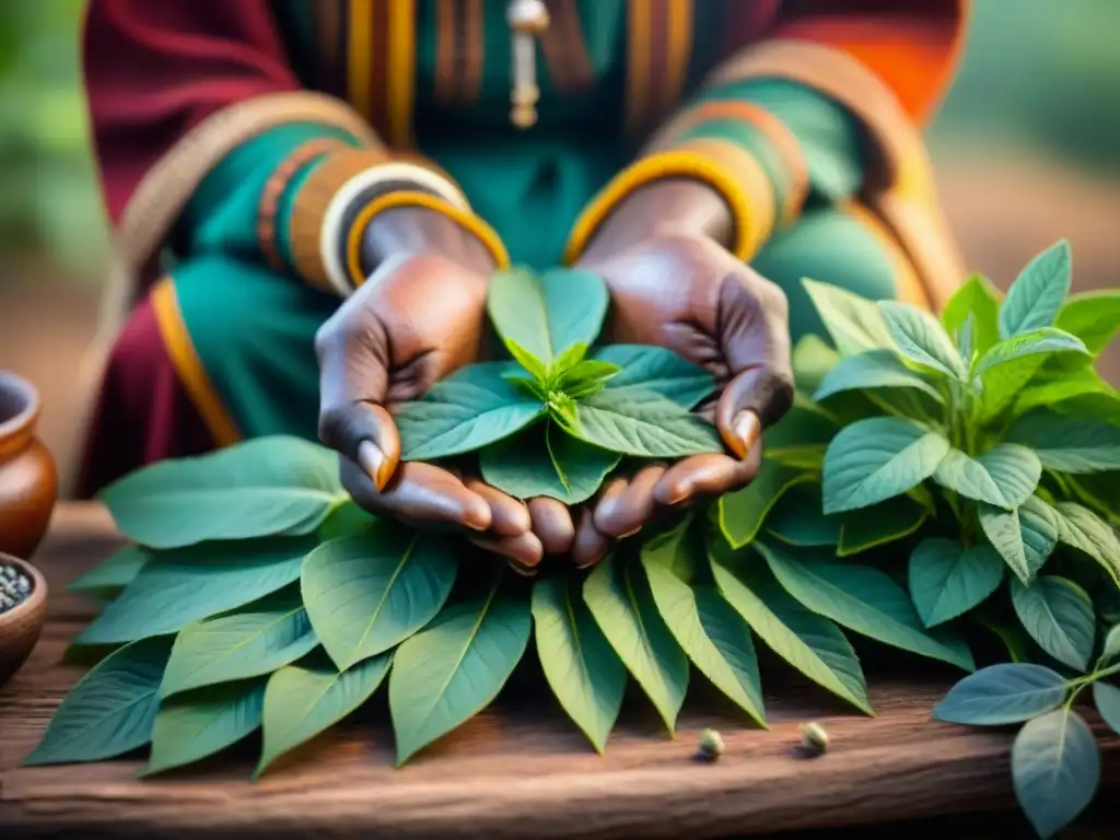 Un curandero tradicional en África Central selecciona plantas medicinales, mostrando sabiduría y conexión con la naturaleza