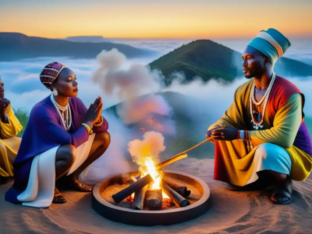 Curanderos africanos en ceremonia al atardecer, fusionando medicina tradicional africana siglo XXI con la naturaleza