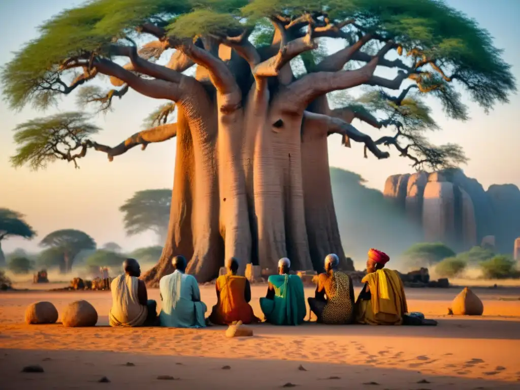 Custodios de la historia africana: Ancianos africanos bajo un baobab milenario, rodeados de ruinas antiguas, compartiendo sabiduría al atardecer