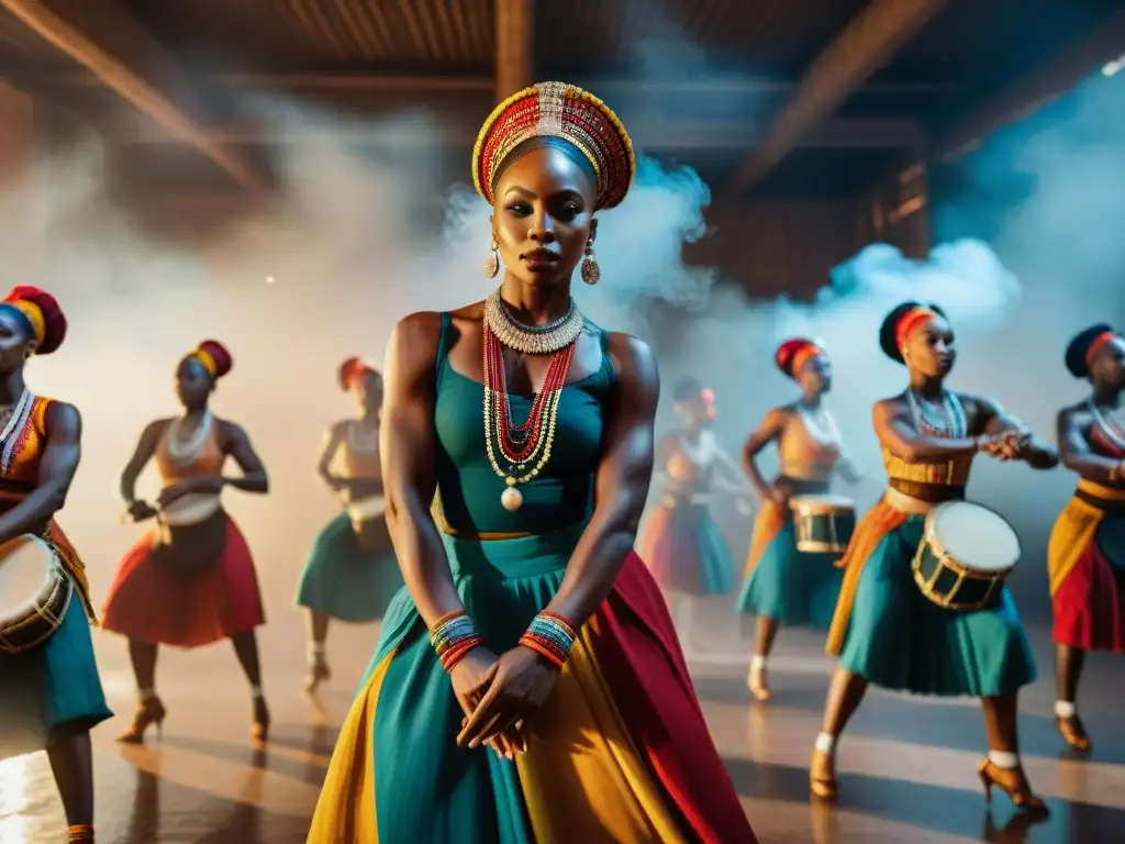 Danza africana diáspora libertad: Grupo de bailarines con trajes vibrantes moviéndose al ritmo de tambores en una sala tenue