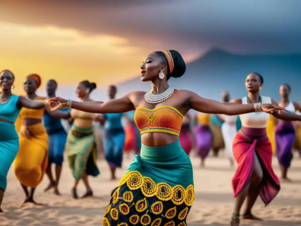 Danza africana en festival al atardecer: celebración cultural llena de vida y significado