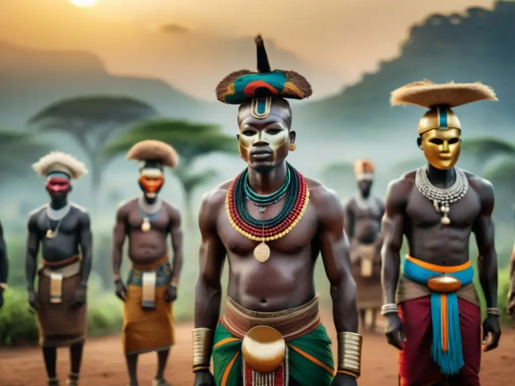 Danza ceremonial africana al atardecer Una danza ceremonial al atardecer en África Central, con Deidades del África Central místicas