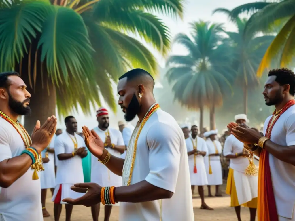 Una danza ceremonial de devotos en trajes blancos, con cuentas y brazaletes coloridos bajo palmeras altas