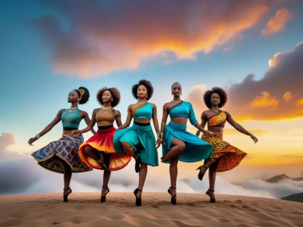 Danza contemporánea africana: bailarines saltando al atardecer con orgullo y fuerza