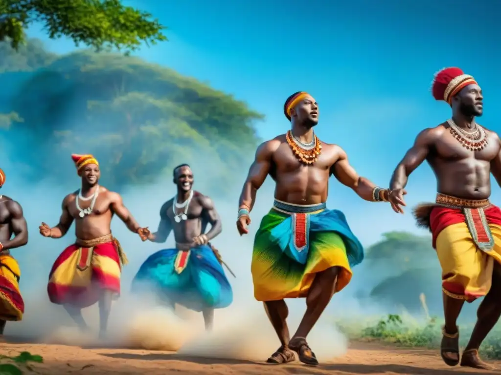 Una danza espiritual llena de color y energía en África, con músicos y bailarines mostrando su poder