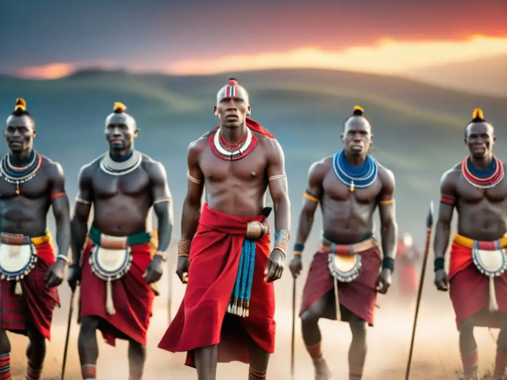 Danza guerrera de culturas africanas, Maasai en la sabana al atardecer, expresando fuerza y orgullo