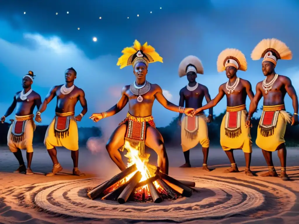 Una danza ritual africana alrededor de una fogata bajo el cielo estrellado, resaltando la riqueza cultural y espiritual