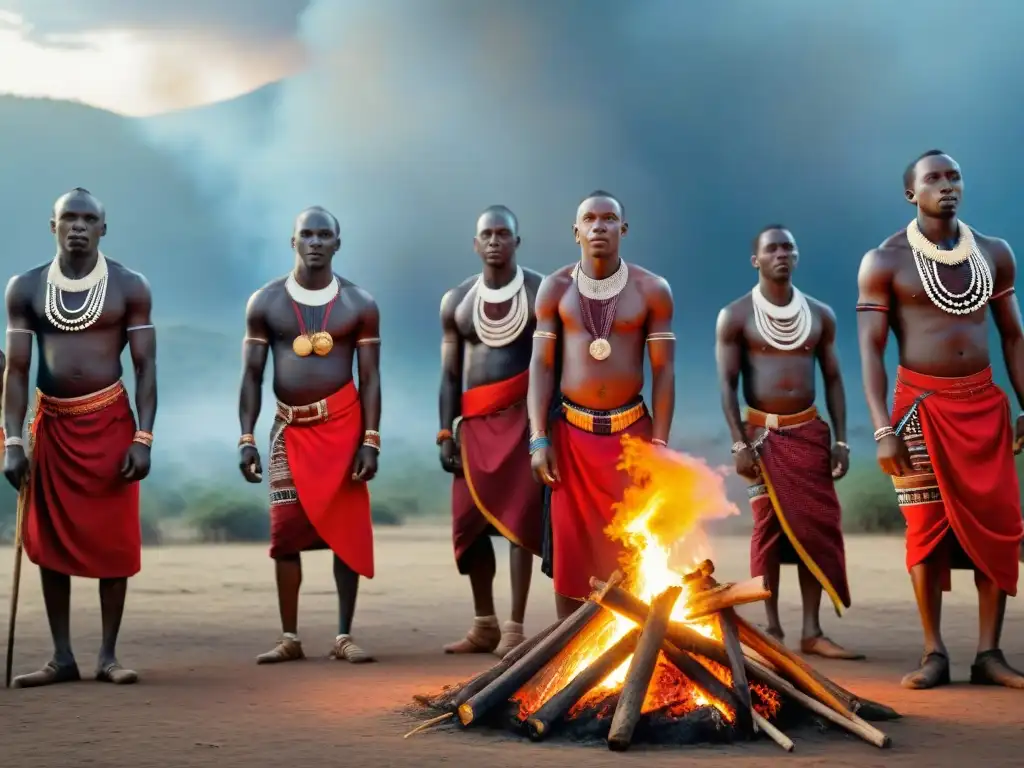 Danza ritual africana de guerreros Maasai alrededor de una fogata bajo el cielo estrellado