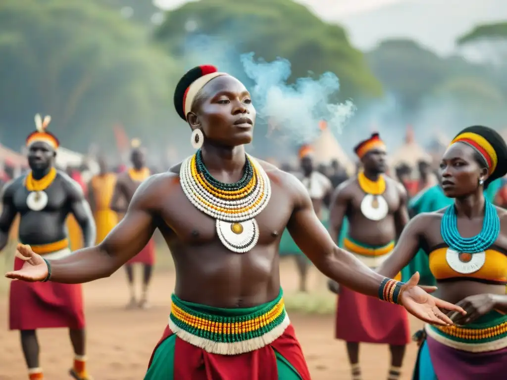 Danza ritual en festival africano, con trajes coloridos y público diverso