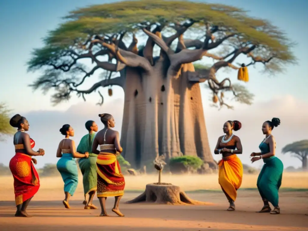 Sesión de danza terapéutica africana bajo baobab, con participantes diversos en vibrantes atuendos tradicionales