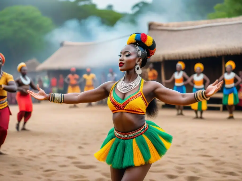 Celebración de danza tradicional africana en aldea vibrante, transmitiendo importancia danza civilizaciones africanas