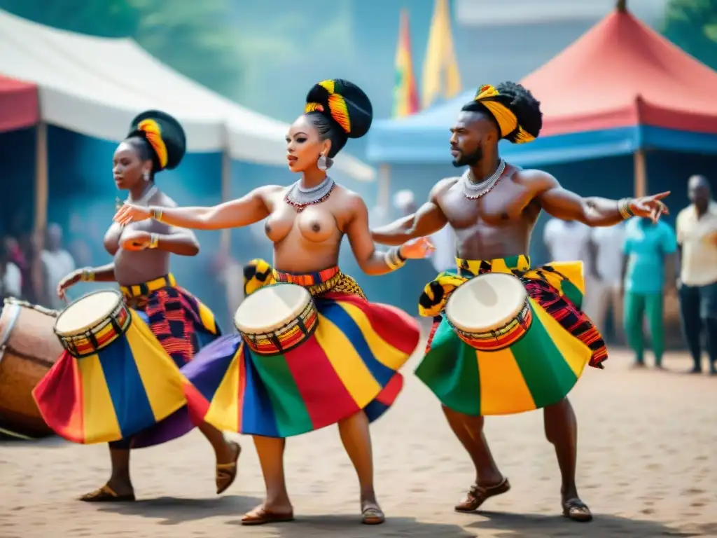 Una danza tradicional Ashanti en un mercado vibrante, donde los bailarines visten Kente y capturan la historia del reino Ashanti