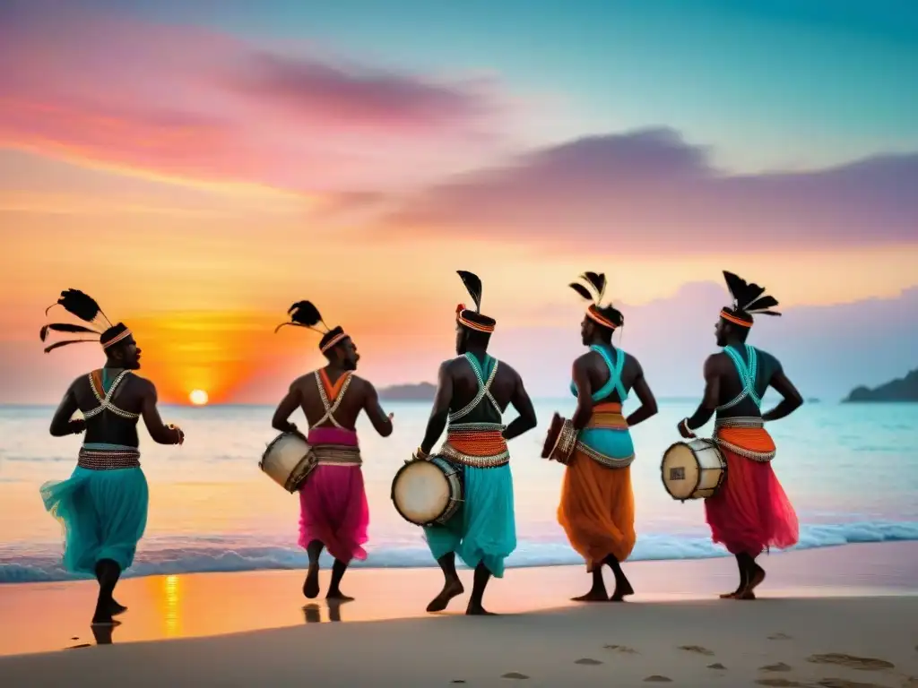 Danza tribal en la playa al atardecer del Archipiélago Islas Bijagos