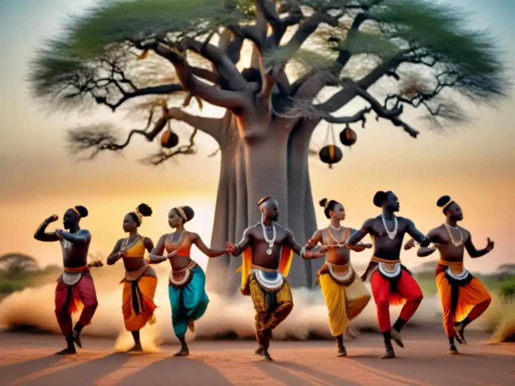 Danzarines africanos bajo baobab, conectados con poder espiritual de la música y la danza en la savana al atardecer