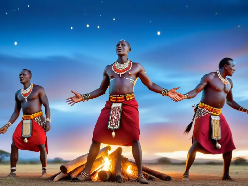 Danzas ceremoniales africanas significado cultural: Maasai guerreros ejecutan baile ritual alrededor de fogata estrellada