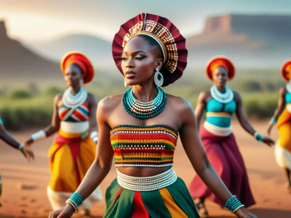 Danzas de fertilidad en África: Mujeres africanas danzando en círculo con trajes tradicionales y colores vibrantes bajo el sol ardiente