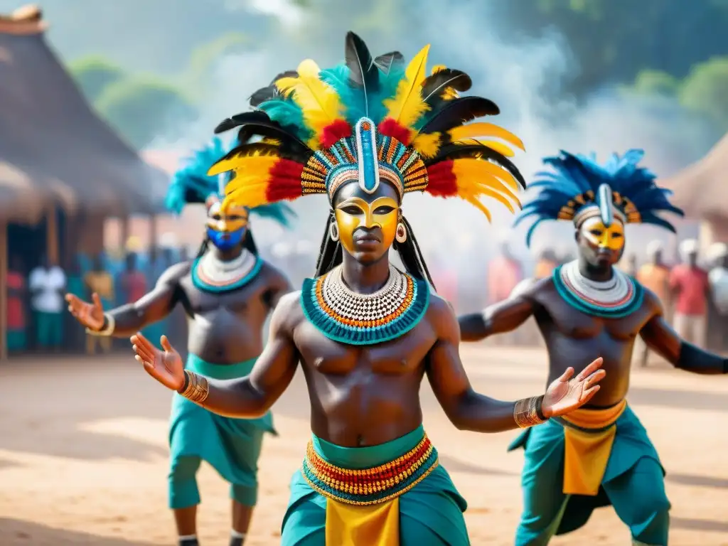 Danzas de máscaras en África: Grupo de bailarines vibrantes enmascarados, danza llena de energía cultural y tradición africana