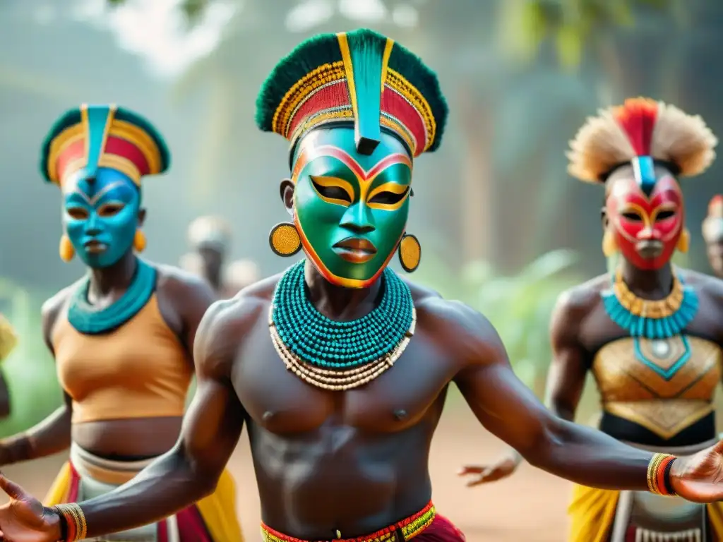 Danzas de máscaras en África: Grupo de bailarines vibrantes con máscaras tradicionales ejecutando un baile ceremonial en un claro soleado rodeado de exuberante vegetación