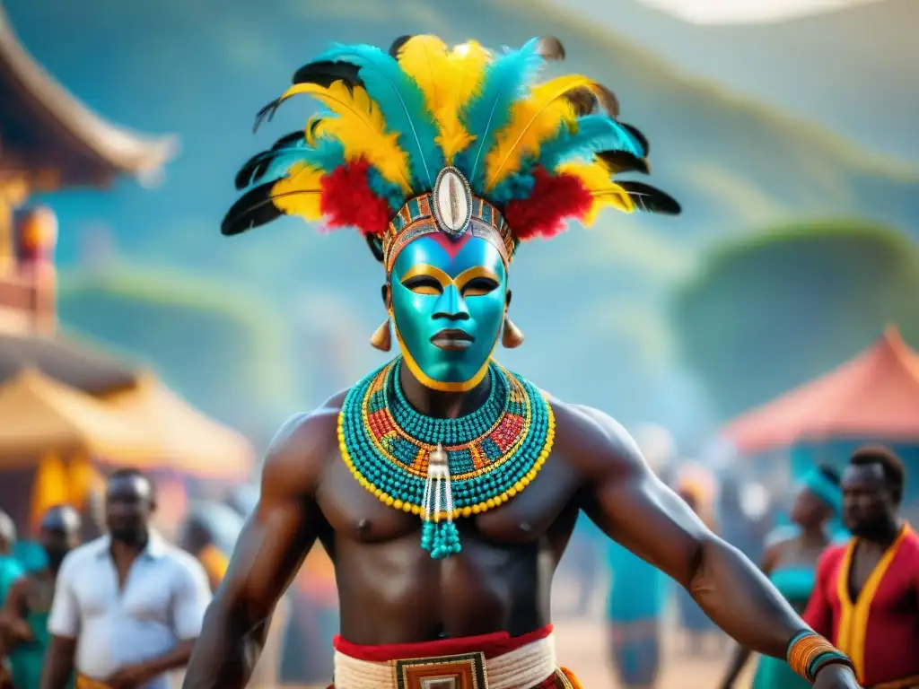 Danzas de máscaras en África: Bailarín con máscara de madera y traje vibrante en una animada plaza de pueblo africano