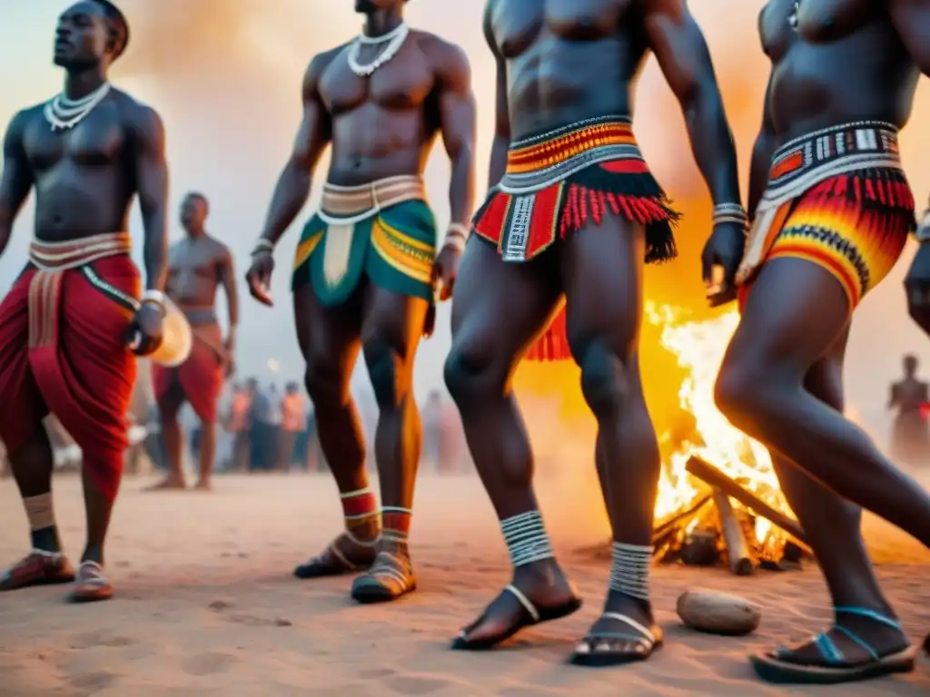 Danzas sagradas africanas: Grupo de bailarines tribales con trajes vibrantes y diseños simbólicos, moviéndose en sincronía alrededor de una fogata