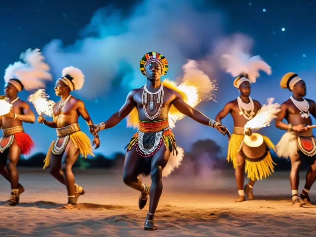 Danzas tradicionales africanas simbolismo: Grupo de bailarines africanos con trajes vibrantes alrededor de una fogata bajo el cielo estrellado