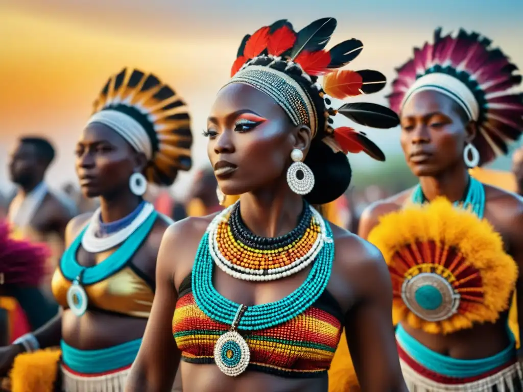 Danzas tradicionales africanas simbolismo: Grupo de bailarines africanos con trajes vibrantes y movimientos dinámicos al atardecer