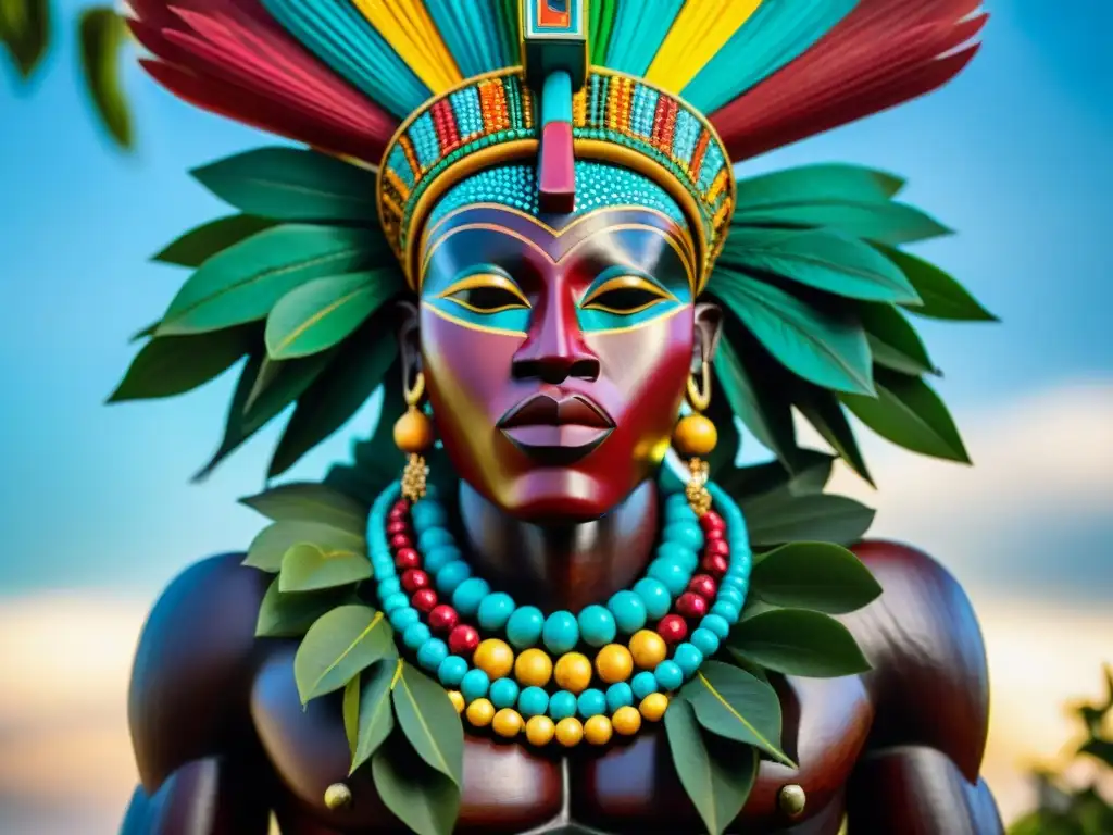 Deidad africana: escultura de madera vibrante y mística Deidad del África Central mística tallada en madera con adornos coloridos y expresión sabia