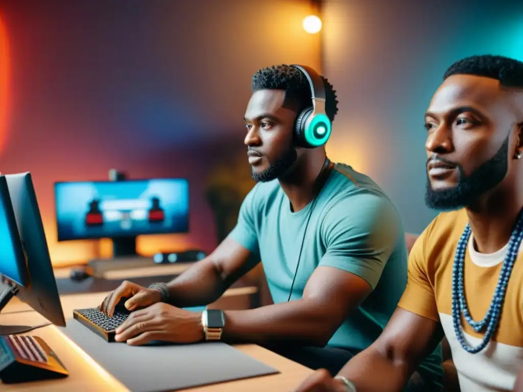 Desarrolladores de videojuegos con influencia de la cultura africana, colaborando en un estudio tech-filled