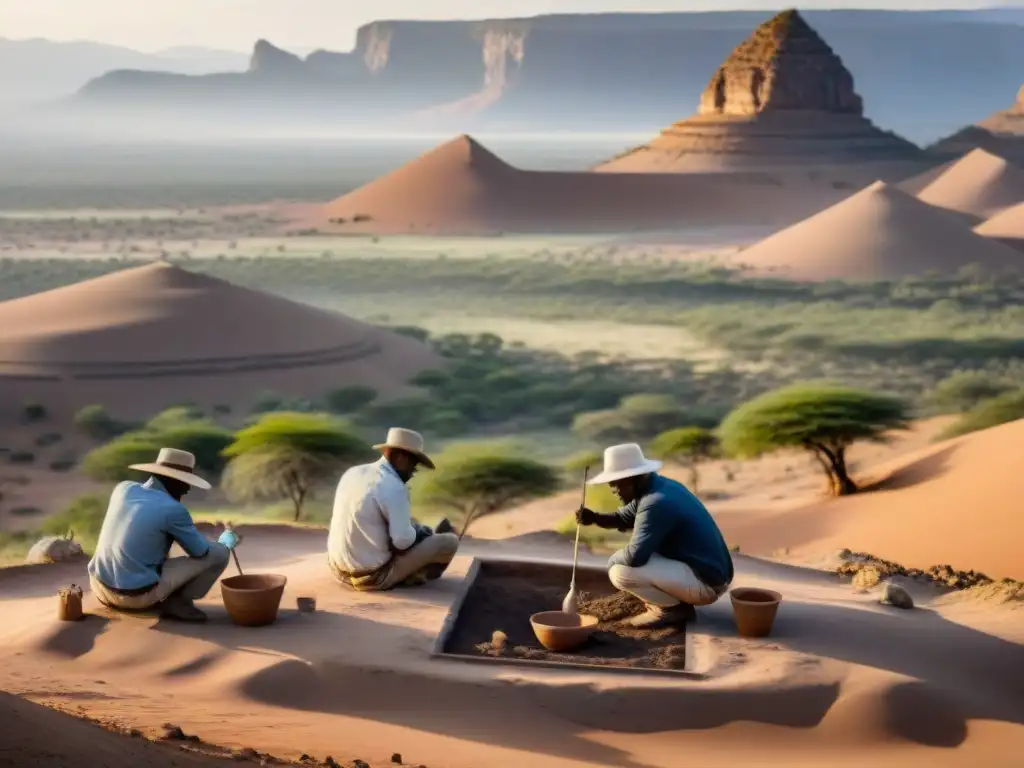 Excavación arqueológica en Cuerno de África Descubrimientos arqueológicos en el Cuerno de África: equipo excavando bajo el sol, desenterrando artefactos antiguos