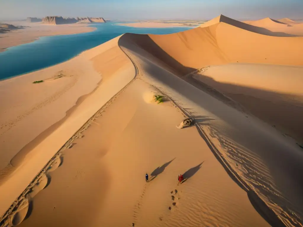 Descubrimientos arqueológicos en Egipto y Nubia: equipo de arqueólogos excavando entre las dunas al amanecer