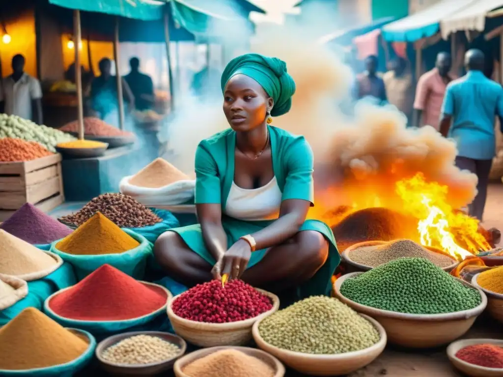 Descubrimientos en cocinas africanas: un bullicioso mercado tradicional de África Occidental, lleno de colores, aromas y sabores únicos